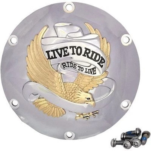 Drag Sp. Live to Ride Eagle Chrome & Gold Clutch Derby Cover for Sportster 04-22