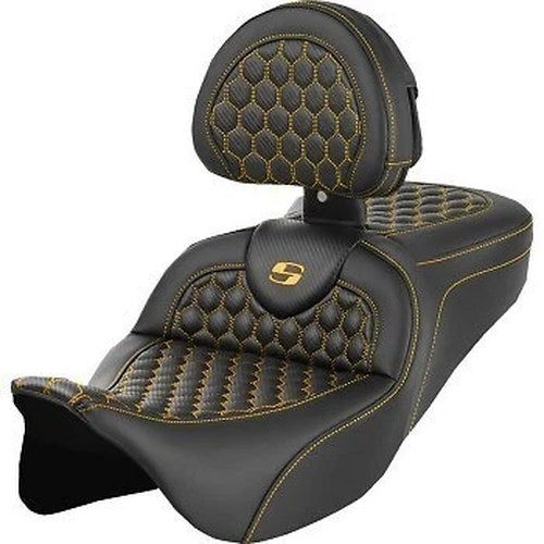 Saddlemen Roadsofa Seat w/ Backrest Gold Honeycomb Stitch for 08-23 Touring
