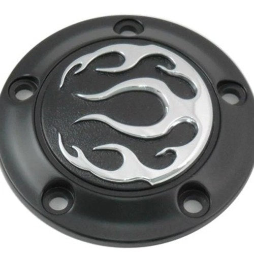 V-Twin 42-0473 Black & Chrome Flame Timer Points Ignition Cover for Twin Cam
