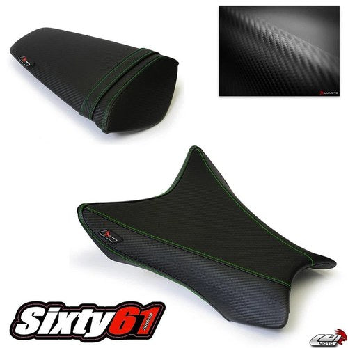 Kawasaki ZX10R Seat Covers 2011-2014 2015 Black Green Stitch Front Rear Luimoto