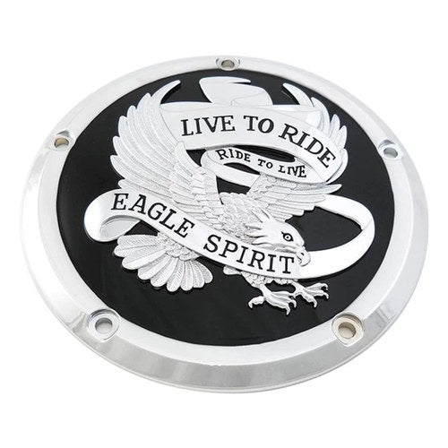 V-Twin 42-0225 Chrome & Black Eagle Live to Ride Clutch Derby Cover M8 Touring