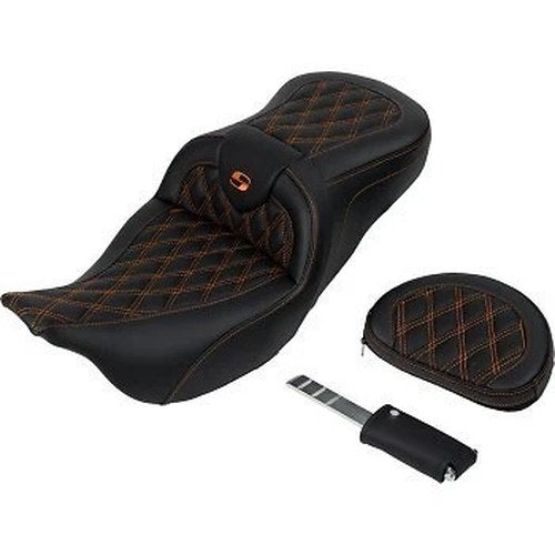 Saddlemen Roadsofa Seat w/ Backrest Orange Lattice Stitch for 08-23 Touring