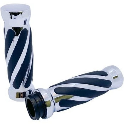 Pro-One Chrome & Twisted Rubber Hand Grips for Harley Electronic Throttle