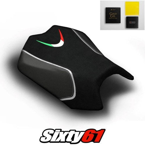 Aprilia Tuono Seat Covers and Gel 2011-2020 Black White Luimoto Carbon Suede