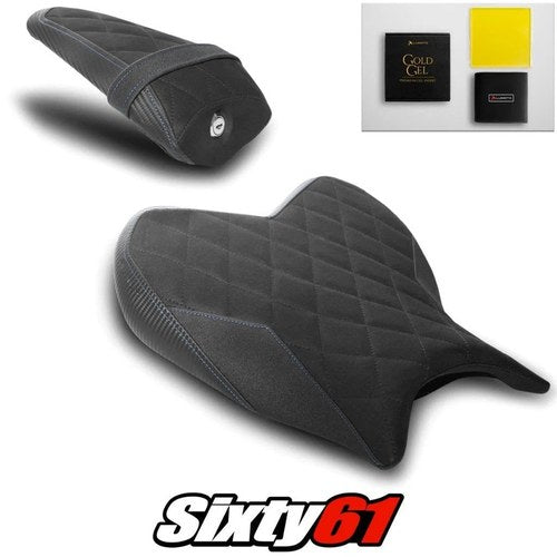Yamaha R7 Seat Covers and Gel 2021-2025 Black Blue Stitch Luimoto Tec-Grip Suede