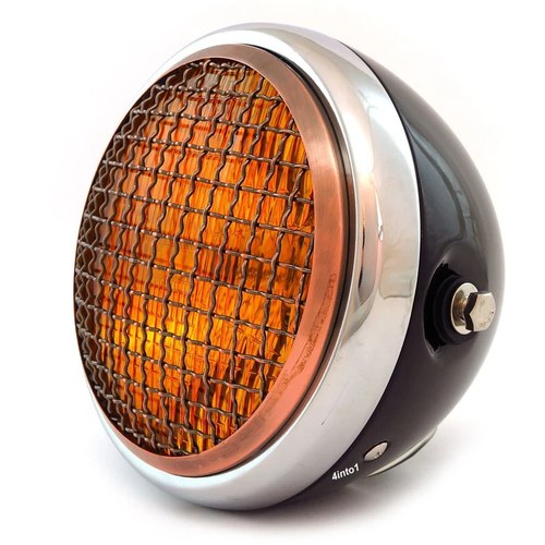 6.5" H4 Halogen Motorcycle Headlight w/ Grill - Gloss Black Chrome Bronze Amber
