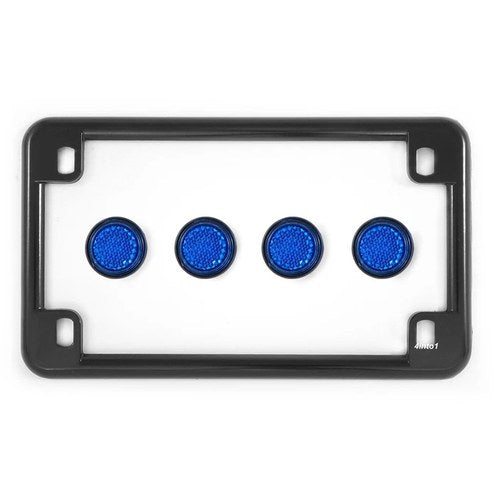 Gloss Black Motorcycle License Plate Frame w/ 4 Blue Reflector Bolts Set