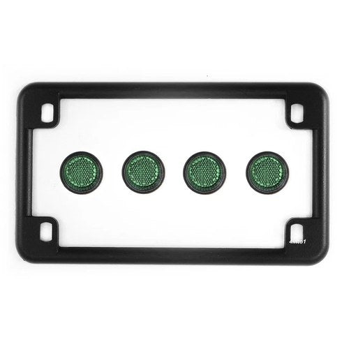 Matte Black Motorcycle License Plate Frame w/ 4 Green Reflector Bolts Set