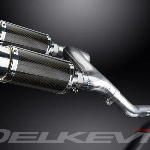 Delkevic 8" Mini Carbon Round Mufflers - Honda VFR800 V-Tec 2002-2009 Exhaust