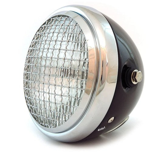6.5" Side Mount H4 Halogen Motorcycle Headlight w/ Grill - Gloss Black Chrome