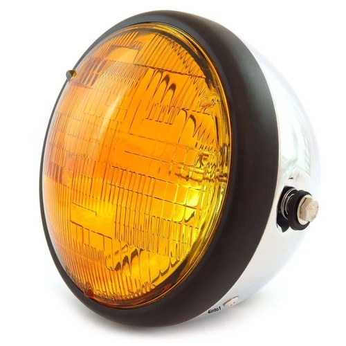 7" Side Mount Motorcycle H4 Halogen Headlight - Chrome - Matte Black - Amber