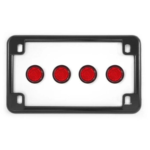 Gloss Black Motorcycle License Plate Frame w/ 4 Red Reflector Bolts Set
