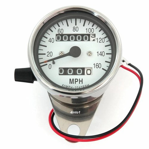 Motorcycle Mini Speedometer w/ Trip Meter - 2240:60 - Chrome & White - Mph