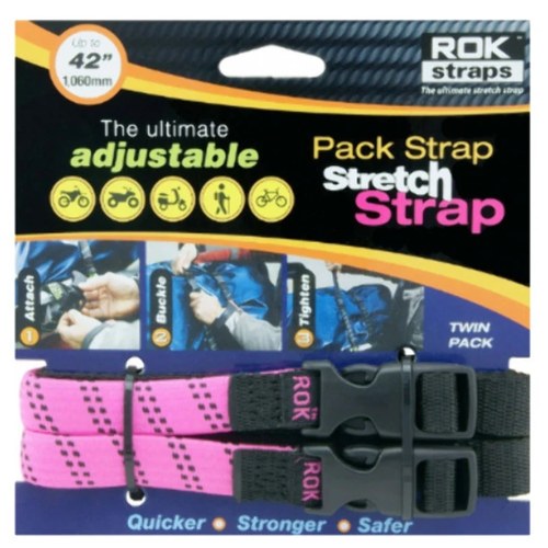 Rok Straps Adjustable Motorcycle/ATV Stretch Strap Twin Pack - 42" Length, Pink