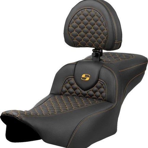 Saddlemen RoadSofa DS Ext. Reach Seat w/Backrest Gold Stitch #823-07-209B7