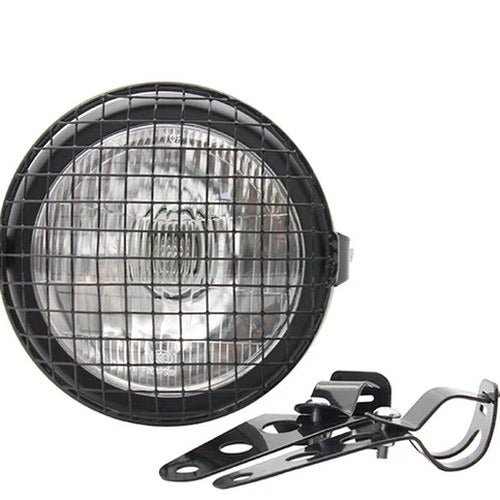 Headlight Clear Cafe Racer Vintage Style With Grille + Mounting Brackets