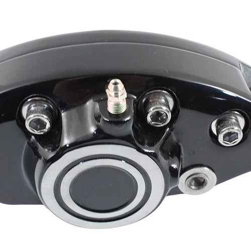 Black Front 1 Piston Banana Caliper with Bullseye for Harley-Davidson