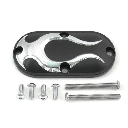 Black Inspection Cover with Chrome Flame for Harley-Davidson