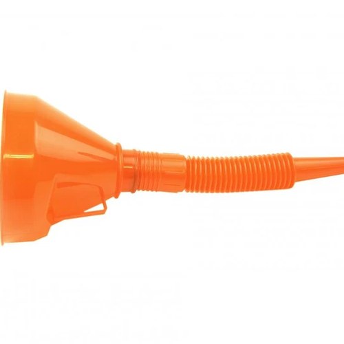 Orange Plastic Flexible Funnel, 290MM Long With Filter Mesh