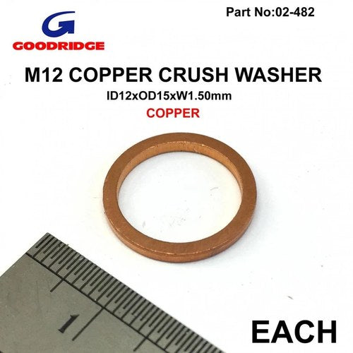 M12 Copper Crush Washer, Each, Size ID12 x OD15 x W1.50m