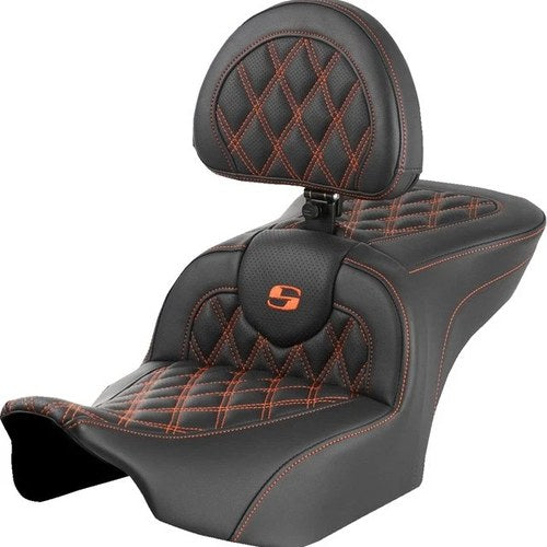 Saddlemen RoadSofa LS Seat With Backrest Orange Stitch #285030 Harley Davidson