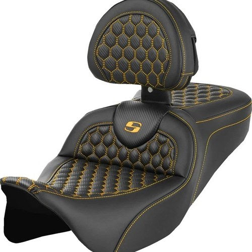 Saddlemen RoadSofa HC Seat With Backrest Gold Stitch #284865 Harley Davidson