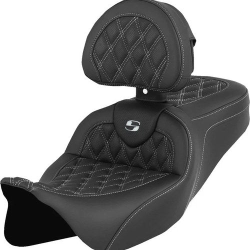 Saddlemen RoadSofa LS Seat With Backrest White Stitch #284806 Harley Davidson