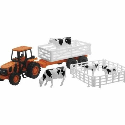 Newray Die Cast Model Kubota Farm Tractor, & Animals Set Orange, Scale 1:32