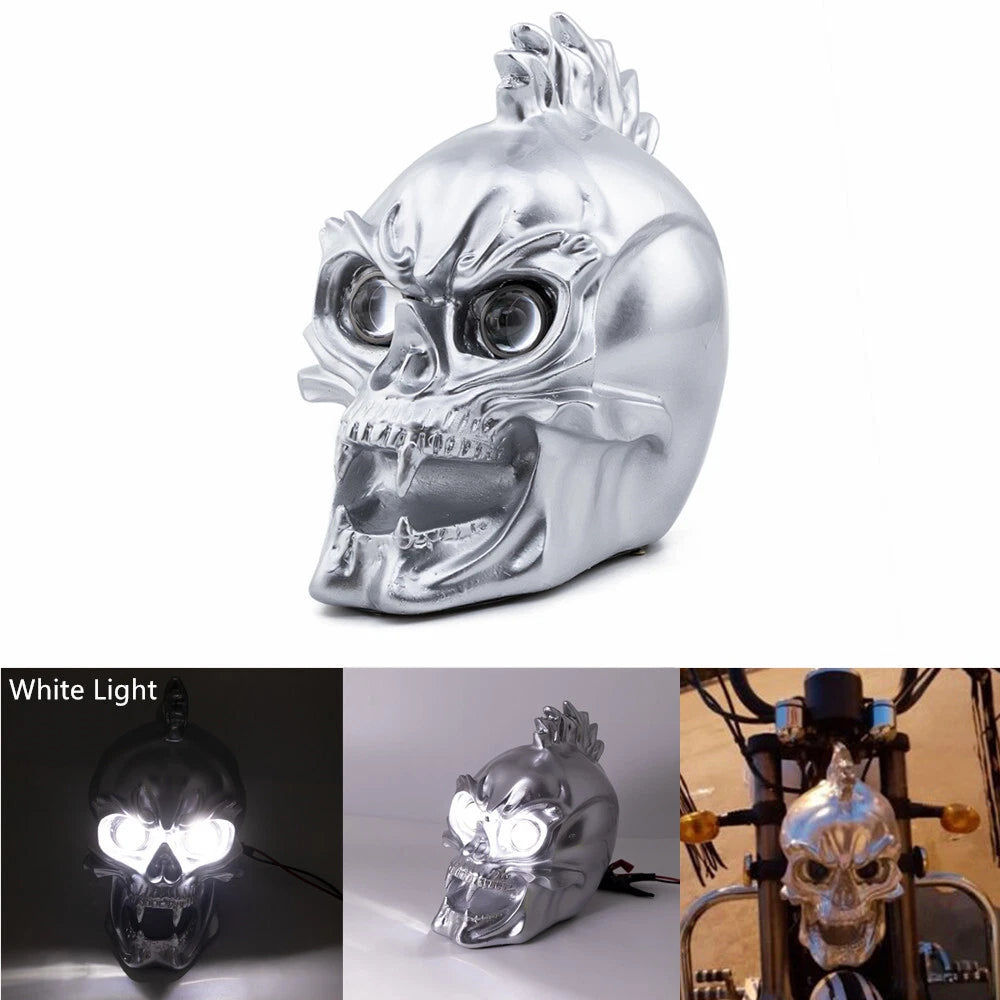 Motorcycle Silver LED Skull Headlight Lamp For Harley Choppers Cruiser Custom