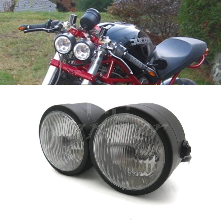 Black Twin Headlight Motorcycle Double Dual Lamp Street Fighter Naked Dominator