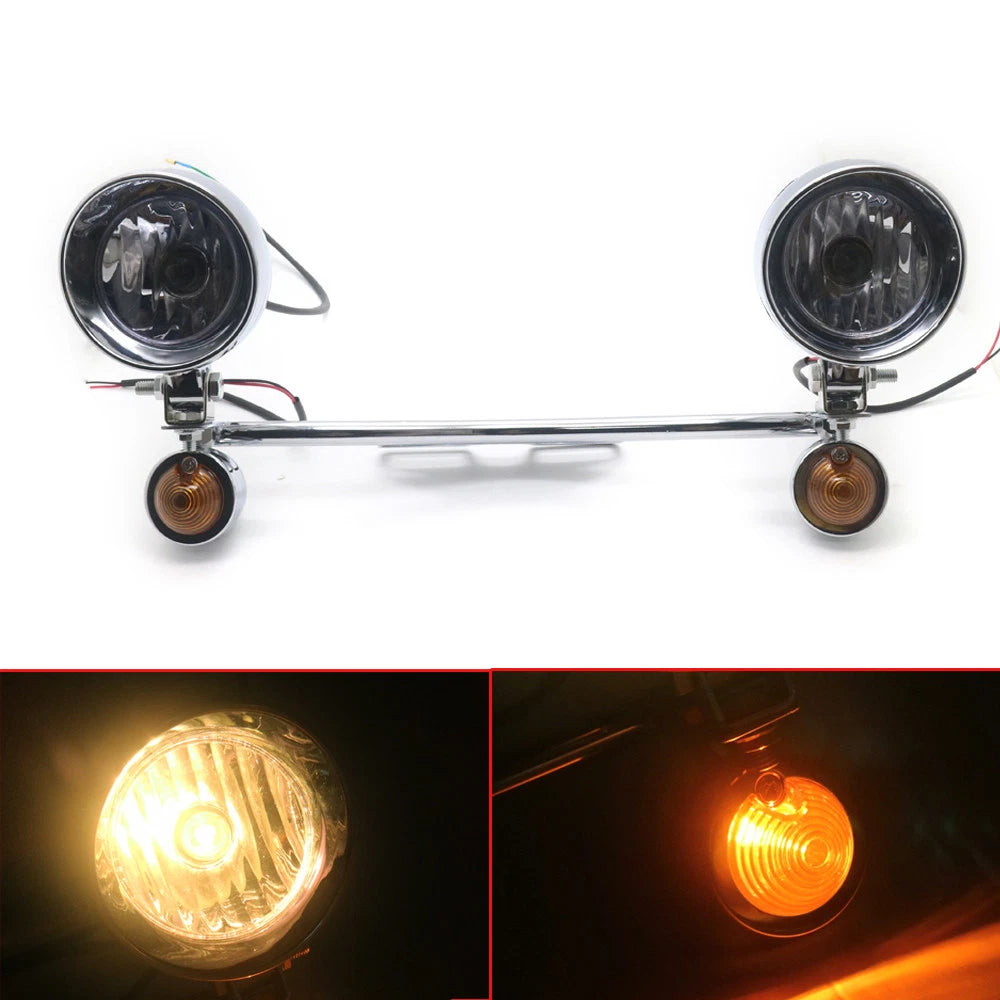 Motorcycle Chrome Bullet Passing Driving Spot Fog Light W/ Turn Signal Bar Kit