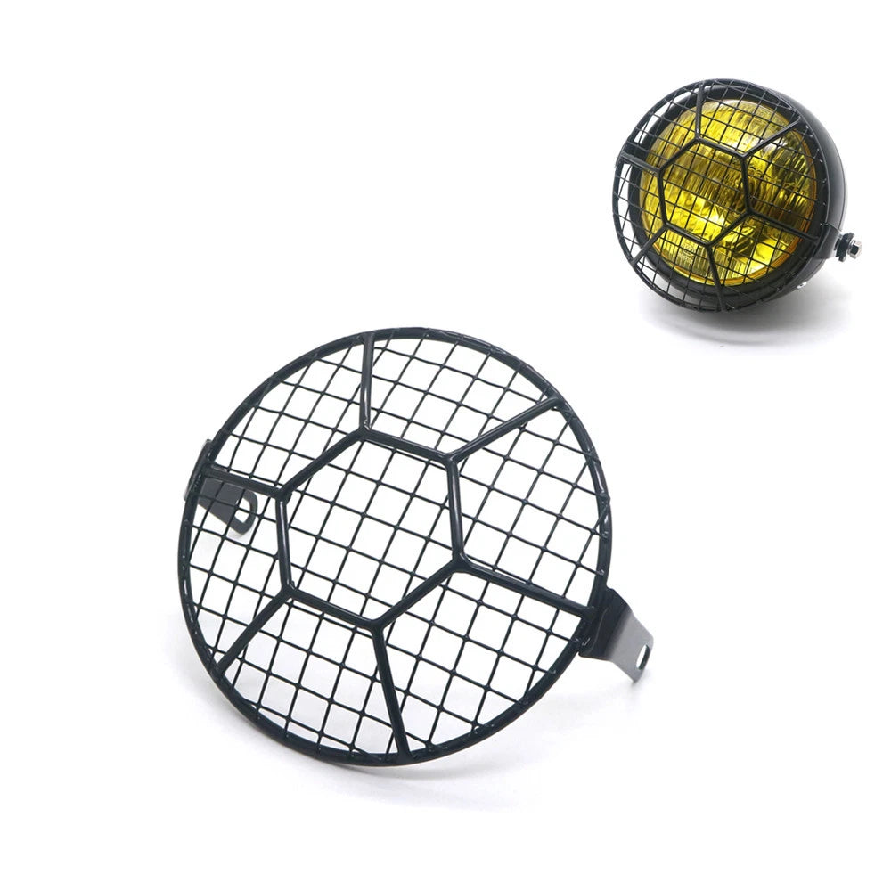 Motorcycle 6.3" Retro Metal Grill Side Mount Headlight Football Net Mask Cover
