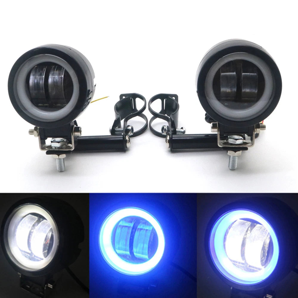 Black LED Driving Spot Fog light Blue Angel Eye Light W/ Fork Tube Bracket Bar
