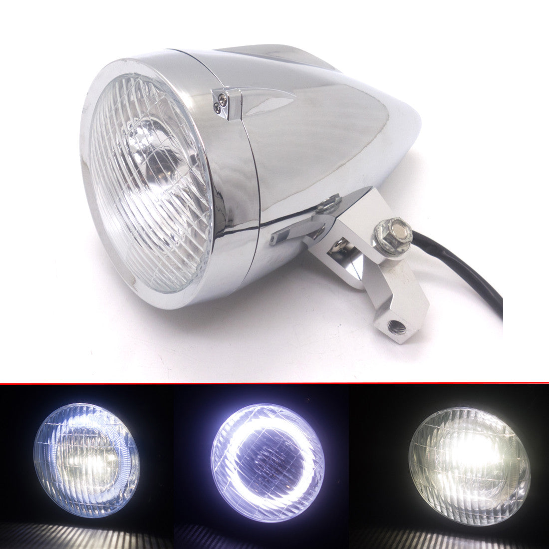 Chrome LED Bullet Headlight With White Angel Eye Light For Harley Chopper Bobber