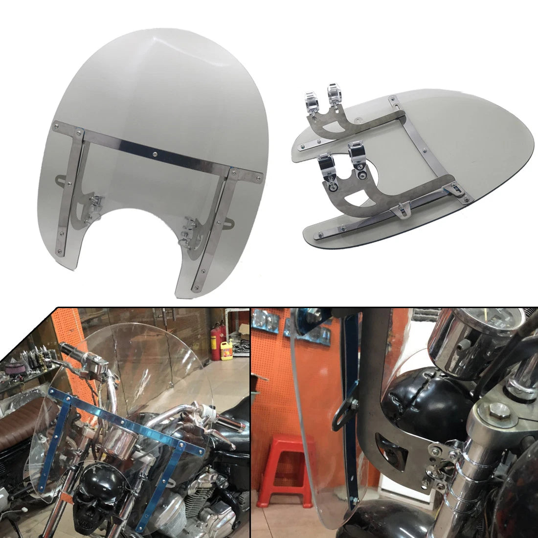 Motorcycle Tea Deflector Windshield Windscreen W/ 33-43mm Front Fork Tube Mount