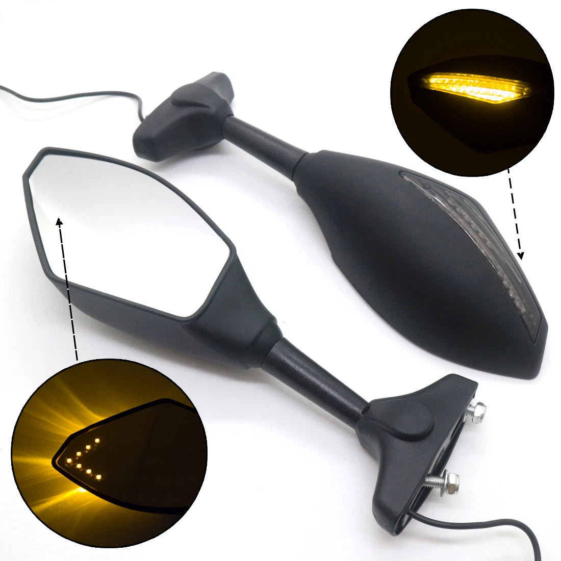 Matte Black LED Integrated Turn Signal Rearview Mirror For Honda Suzuki Kawasaki