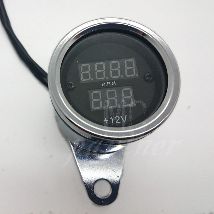 Universal Motorcycle Chrome LED Digital Tachometer Voltmeter Gauge Combo
