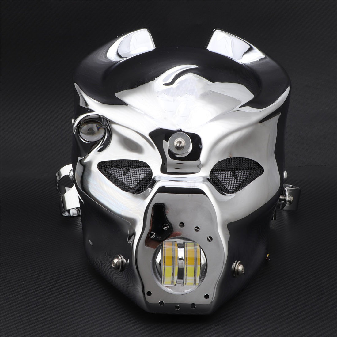 Chrome LED Skull Headlight With Mount Bracket For Harley Honda Yamaha Custom