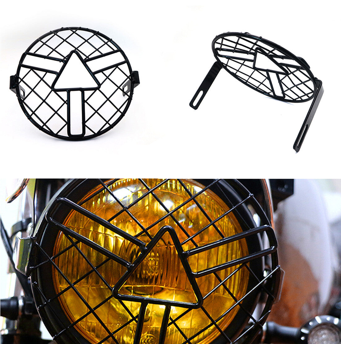 7" Black Retro Metal Grill Arrow Side Mount Headlight Mask Cover For CB400 CB500