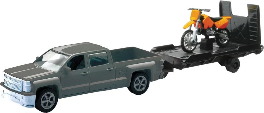 New-Ray 19535A Replica 1:43 TRK/Trailer/Bike Chevy Silver/Bike Orange