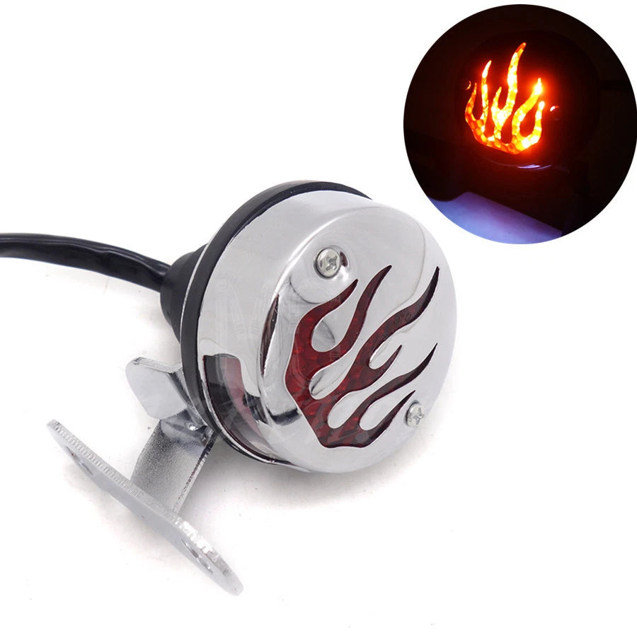 Chrome LED Vintage Flame Tail Brake Rear Light For Cafe Bobber Cruiser Chopper