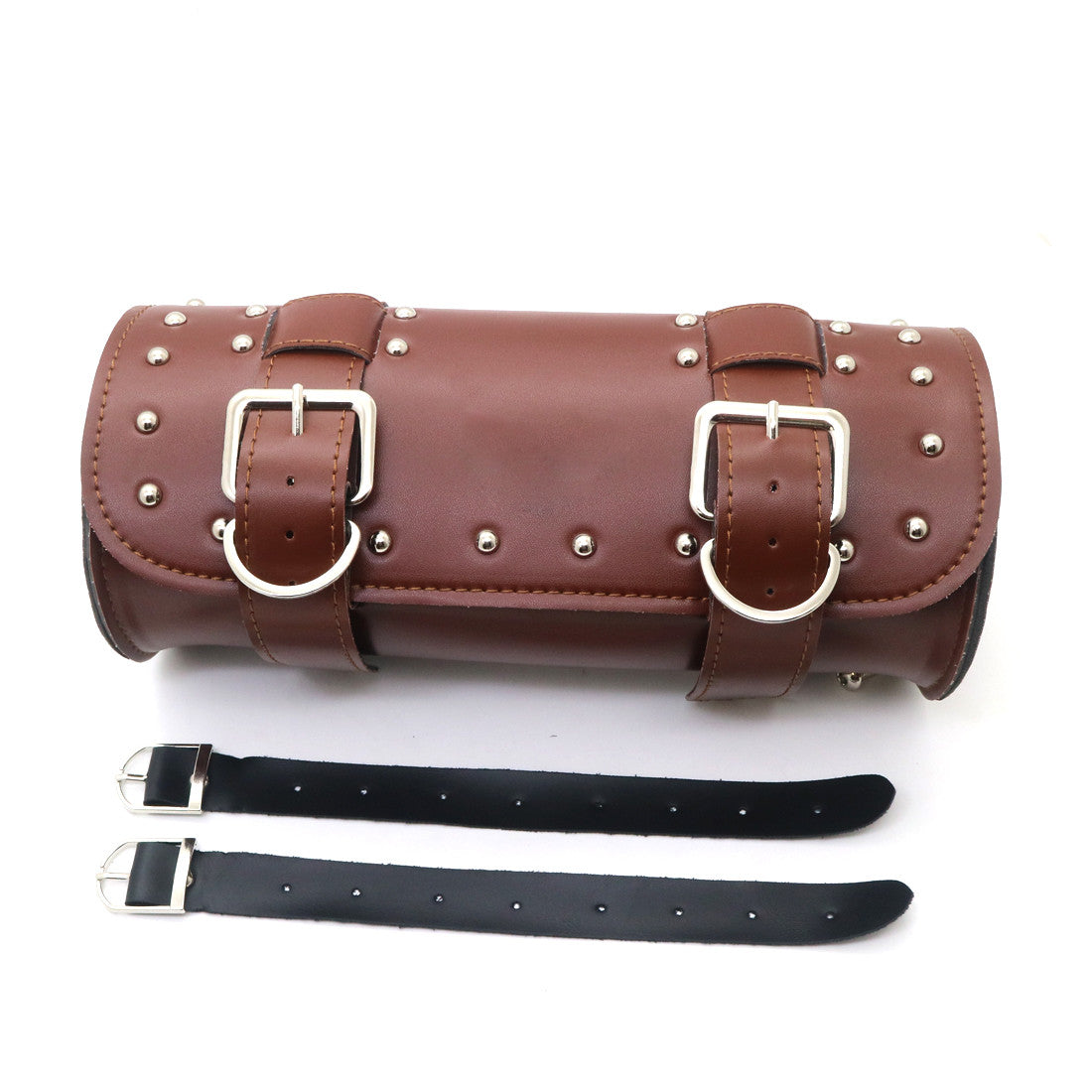 Motorcycle Brown PU Leather Saddlebag Round Barrel Saddle Tool Bag For Honda