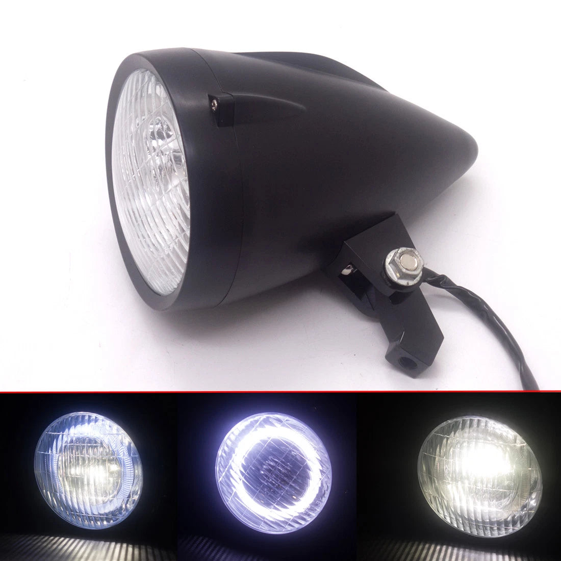 Black LED Bullet Headlight With White Angel Eyes Light For Harley Chopper Bobber