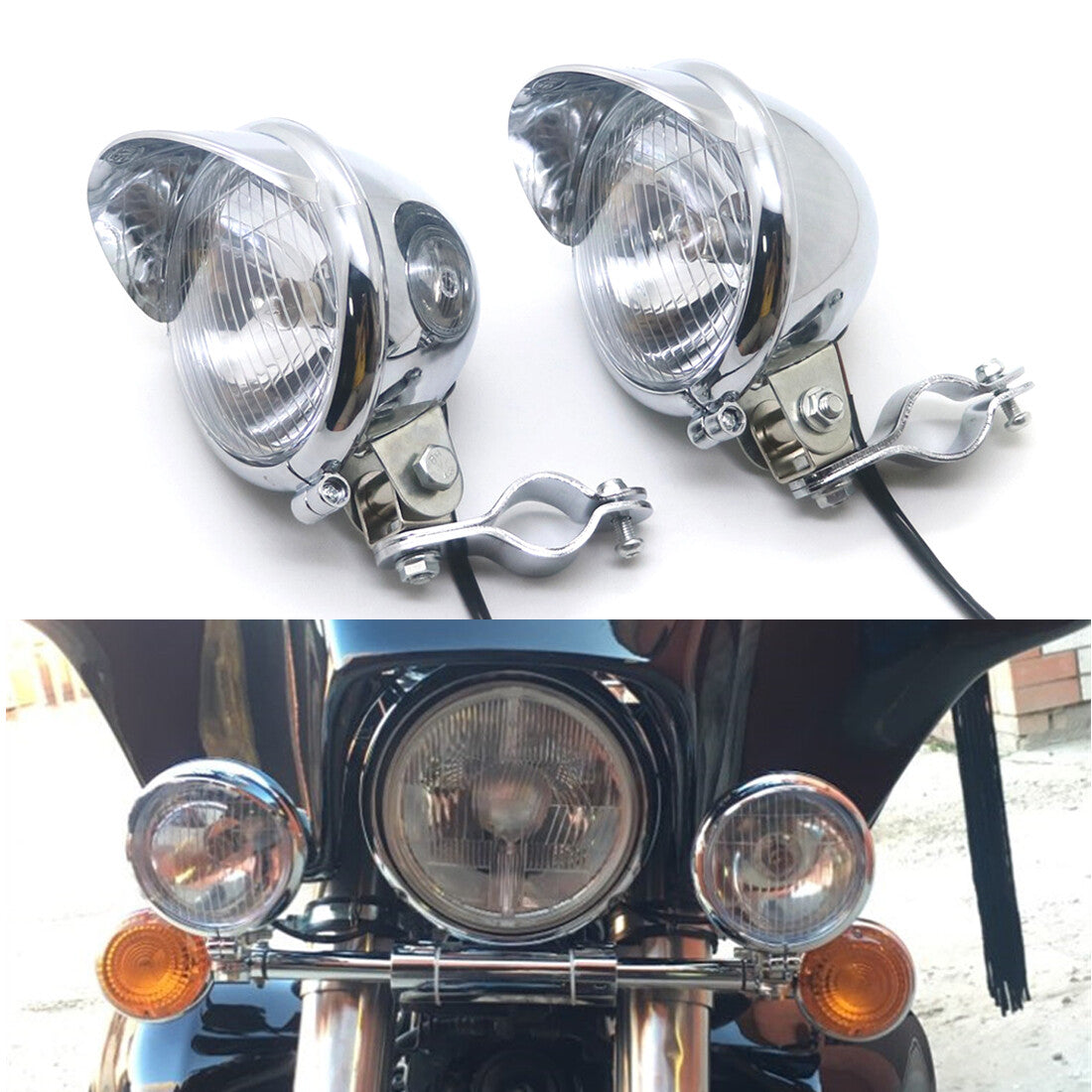 Chrome Passing Spot Fog Light With Roll Cage Guard Bar Tube Mount Bracket Clamp