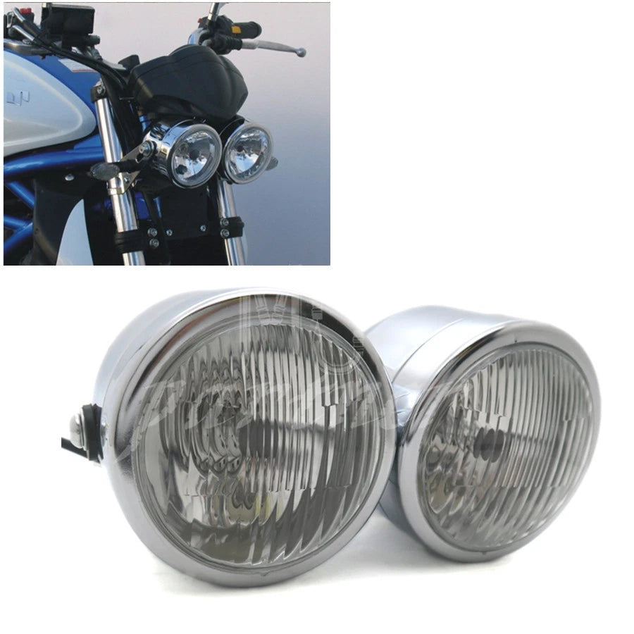 Chrome Twin Headlight Motorcycle Double Dual Lamp Street Fighter Naked Dominator