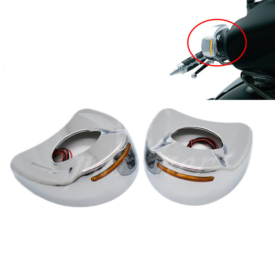 Chrome Fairing Mount Mirrors Amber LED Light Cover Caps For Harley Touring 96-13
