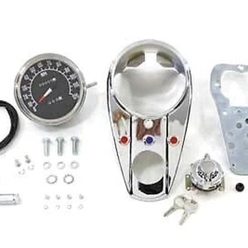 V-Twin 39-0906 Chrome Three Light Dash Panel Kit with 2:1 Ratio Speedometer