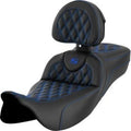 Saddlemen Roadsofa Extended Reach Seat w/ Backrest Blue Lattice Stitch for 08-23