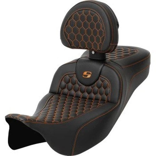 Saddlemen Roadsofa Extended Reach Seat w/ Backrest Orange Honeycomb Stitch 08-23