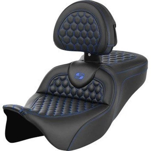 Saddlemen Roadsofa Seat w/ Backrest Blue Honeycomb Stitch for 08-23 Touring